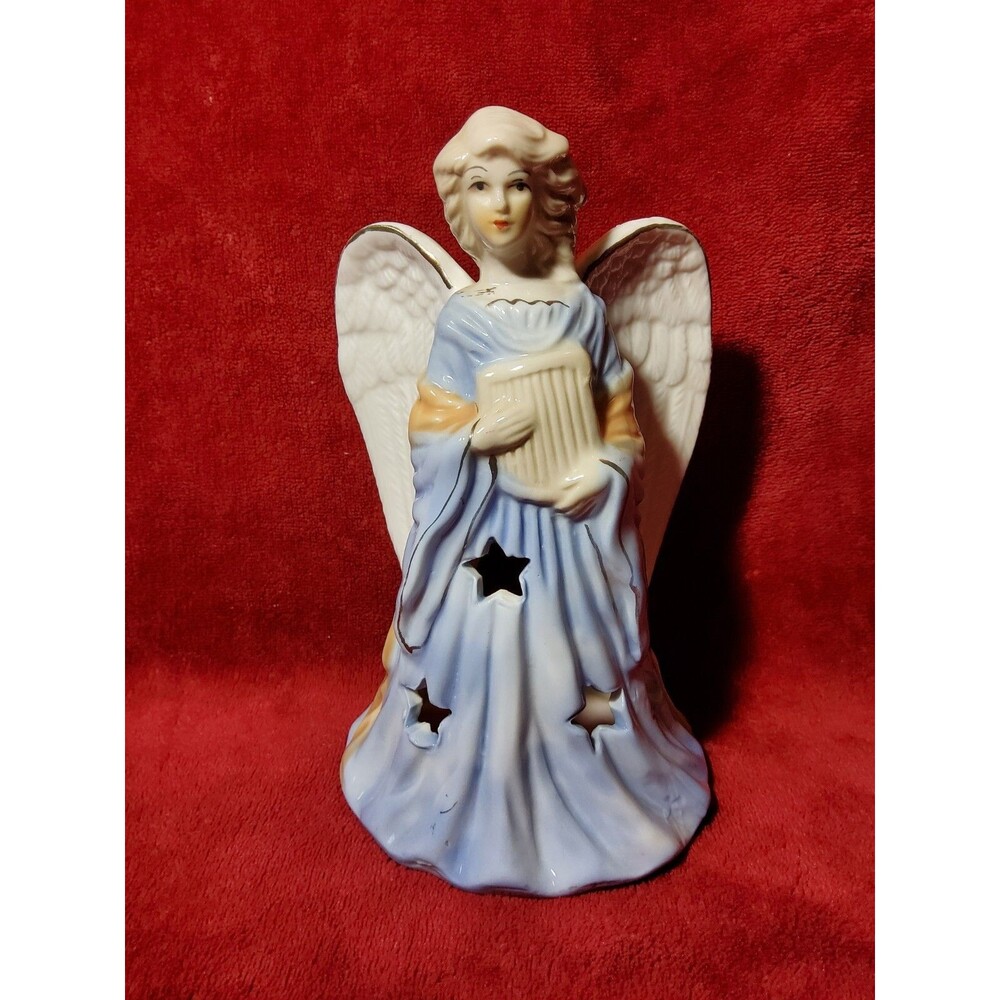 Porcelain Angel Tealight Candle Holder in Blue Dress With Stars and Gold Trim